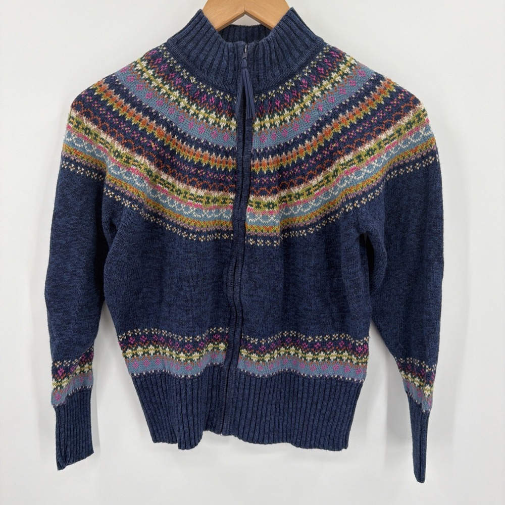 Tiara International Vtg Sweater Petite XS Blue Fair Isle Nordic Zip Cardigan